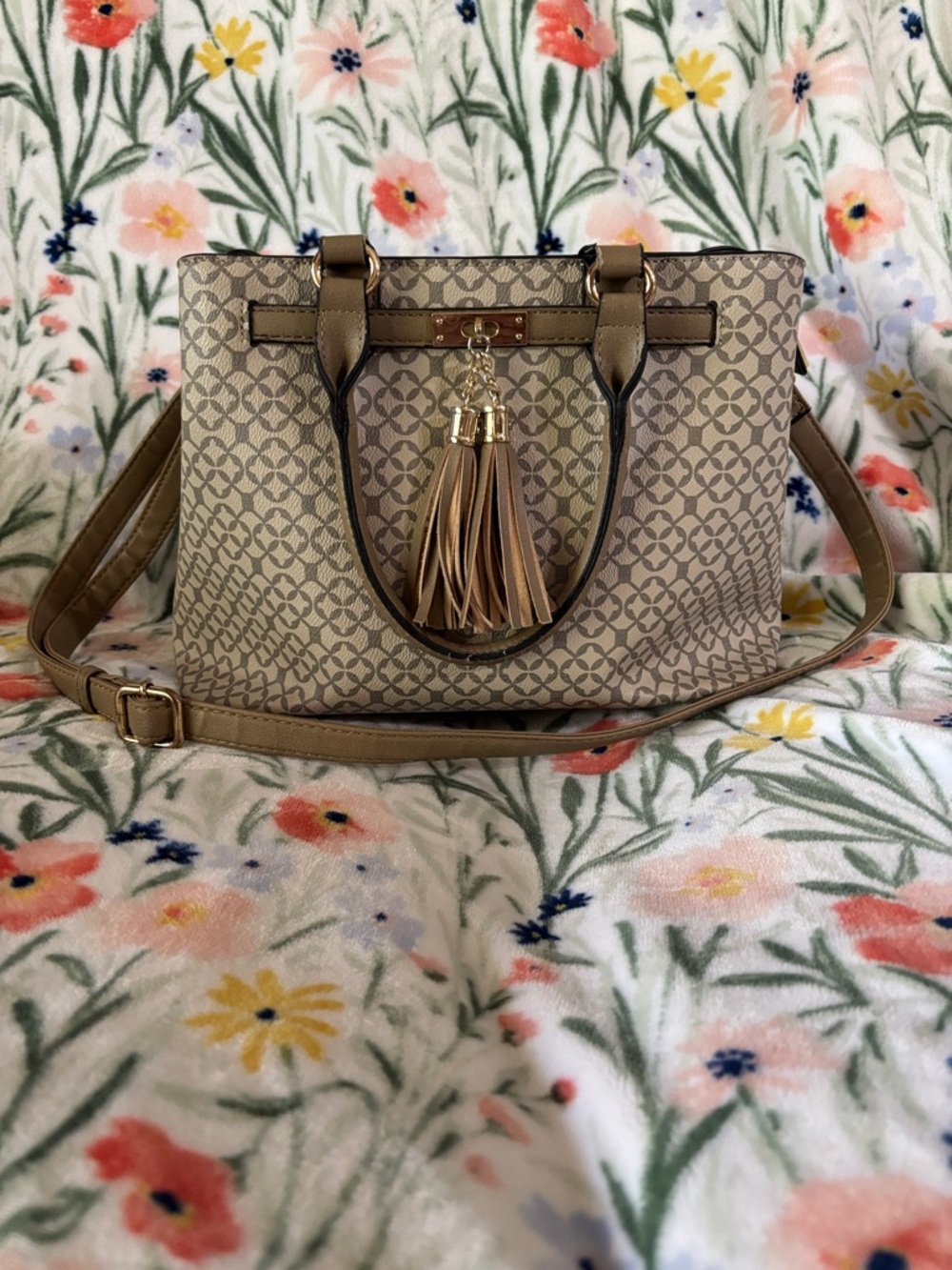 Neutral Patterned Tote Handbag with Tassel Accent